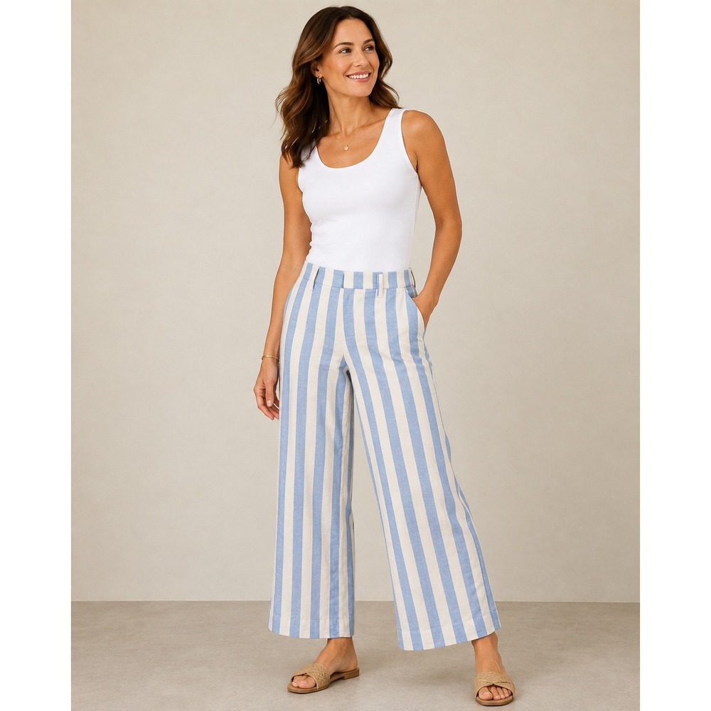 New York & Company Blue White Striped Linen Blend Wide Leg Pants XL Petite NWT